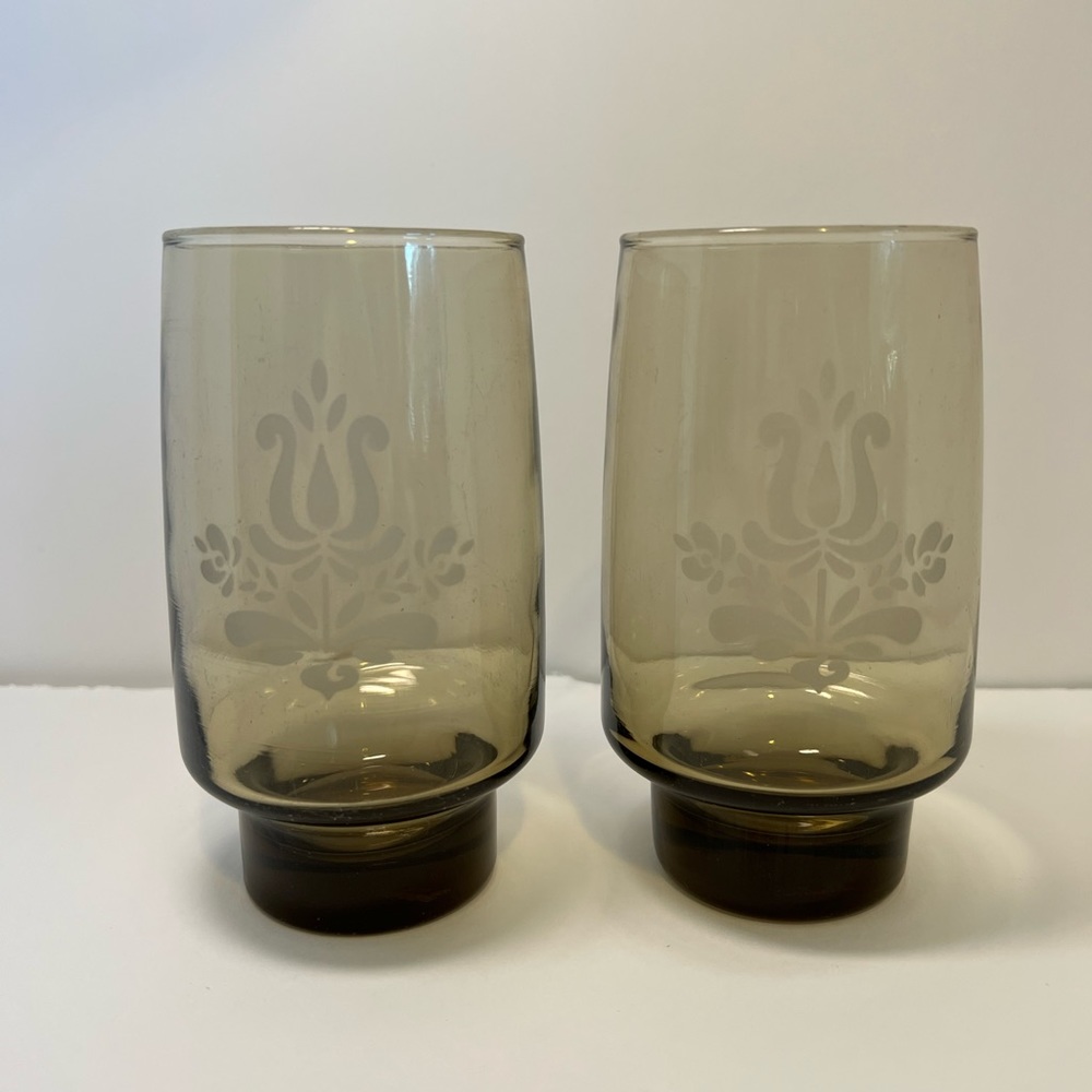 Set of 2 Vintage Pfaltzgraff Village Brown Smoke Etched Tumbler Glasses